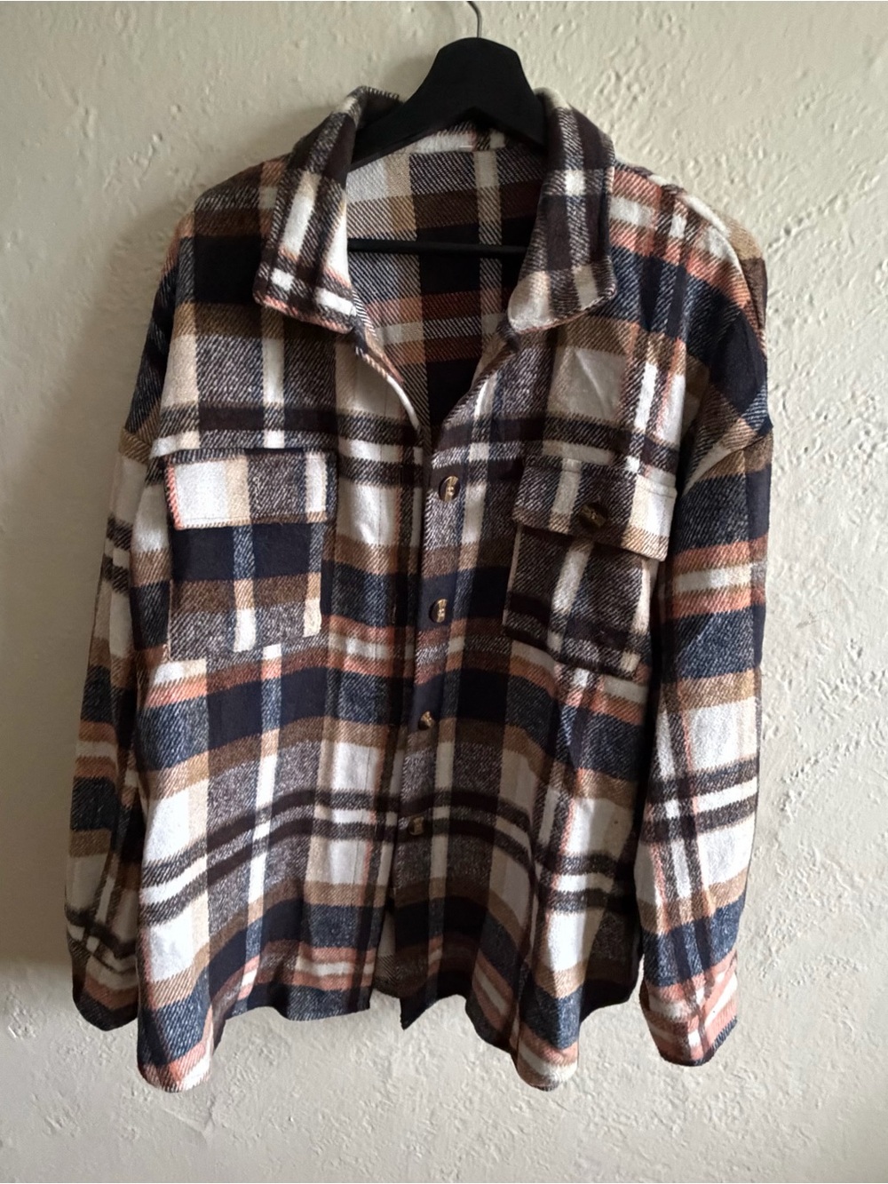 Plaid Button-Up Shacket in Cream, Brown & Navy